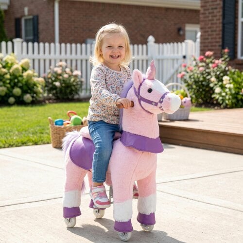 AIYAPLAY Rocking Horse, Plush Ride on Horse with Rotatable Head, Pink