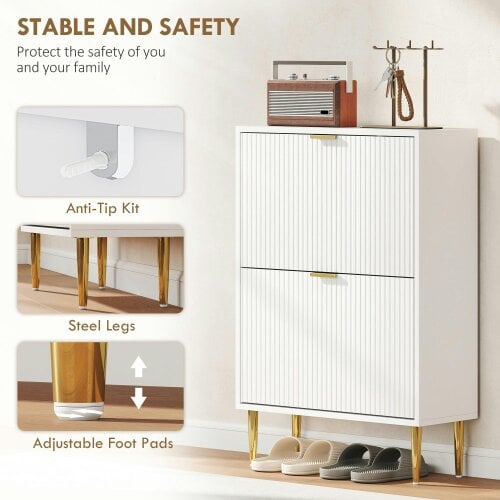 Wyld Haus Baviva Wooden White Elegant 2 Drawer Shoe Cabinet Ribbed Design