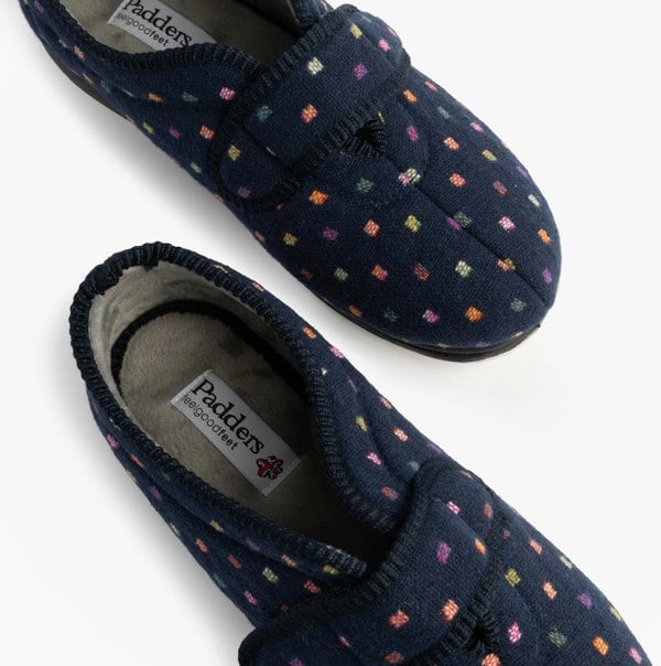 Padders CAMILLA Womens Touch Fasten Polka Dot Slippers Navy/Multi