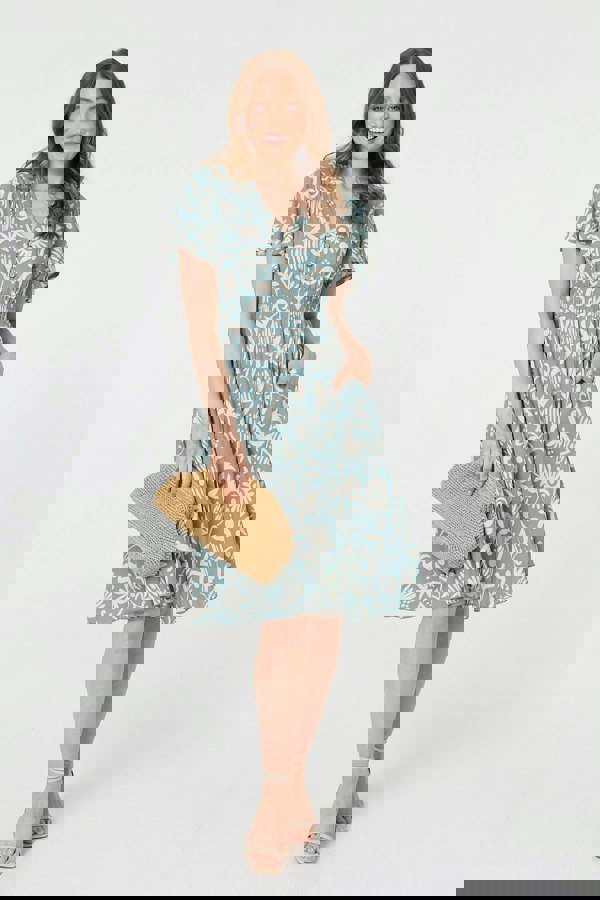 Sage | Abstract Print Shirred Knee Length Dress
