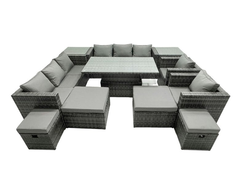 Fimous Rattan Dining Table Sofa Set with 2 Side Tables 2 Armchair 4 Stools Outdoor 12 Seat Garden Furniture Set Dark Grey Mixed