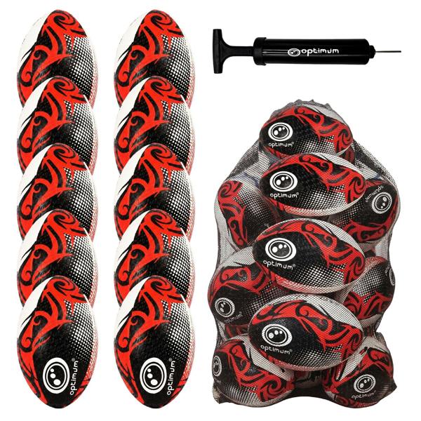 Optimum Bulk Razor Rugby Ball in Red — pack of 10 with free pump and carrier