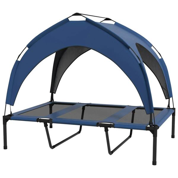 Dark blue cooling raised pet bed with arched canopy and elevated metal legs