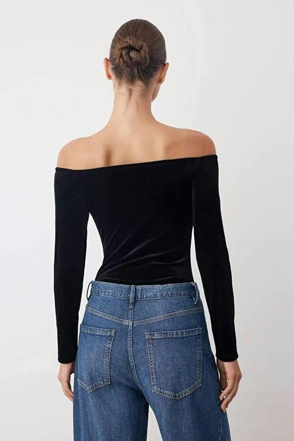 WOVCOR Carmen Collar Knit Velvet Party Bodysuit