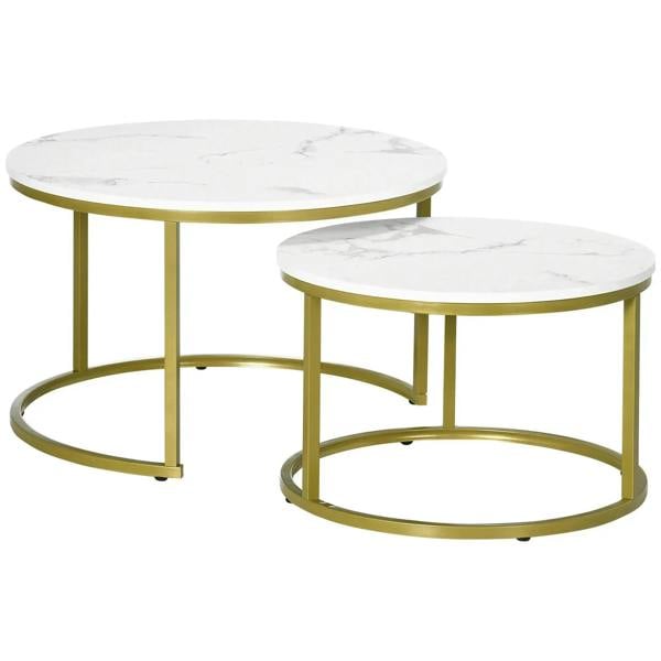 Round white marble-look nesting tables set, gold metal frame, two-piece