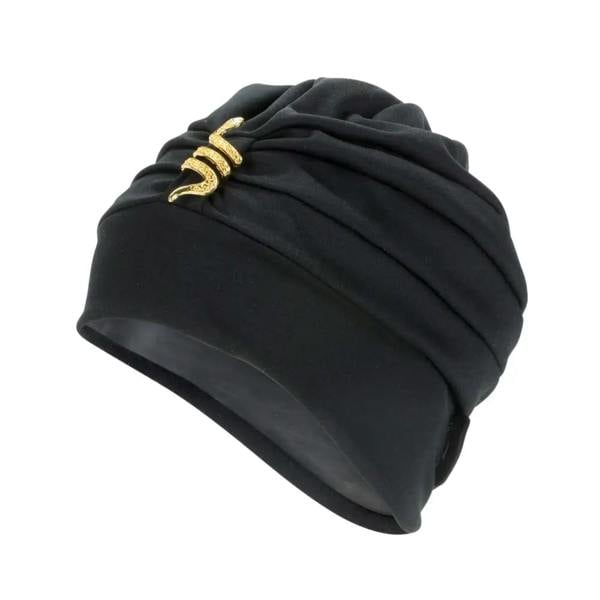 Black fabric swim cap with gold crescent moon beanie design