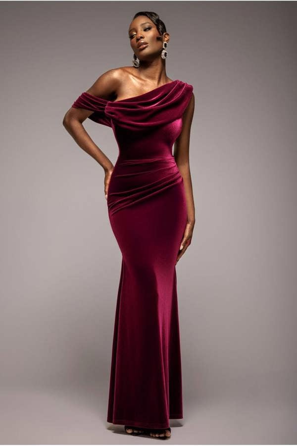 Cowl One Shoulder Velvet Maxi Dress - Burgundy Red DR4504