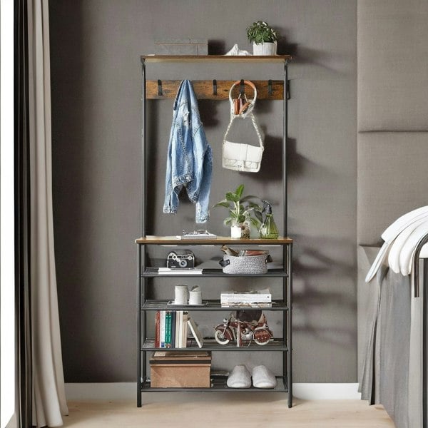 Rafaelo Mobilia Industrial Rustic Hallway Tree Coat Stand With 5 Tier Shoe Rack