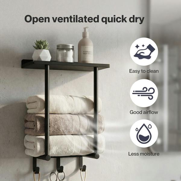 Levede Towel Rack Wall Mounted Shelf Bathroom Storage Holder with Hooks Black