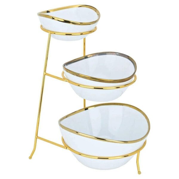 Dyzi 3 Tier Oval Serving Bowl Set with Metal Rack White & Gold