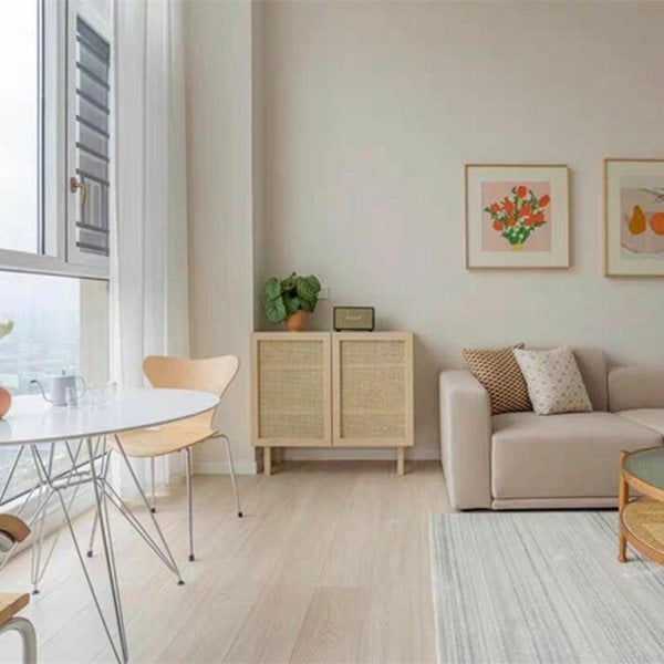 Gummy Cane Shoe Storage, Natural Rattan & Oak in a lifestyle setting with hallway coat shoe storage