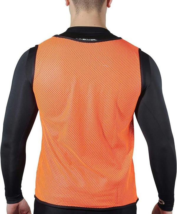 Person wearing an orange Optimum mesh training bib over black kit, rear view on white - Optimum