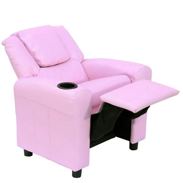 Pink kids recliner chair with padded headrest, adjustable backrest and footrest