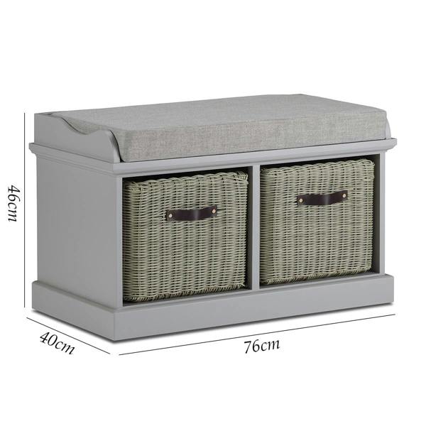 Statement Furniture Tetbury Bench with 2 Storage Baskets and Grey Cushion Seat