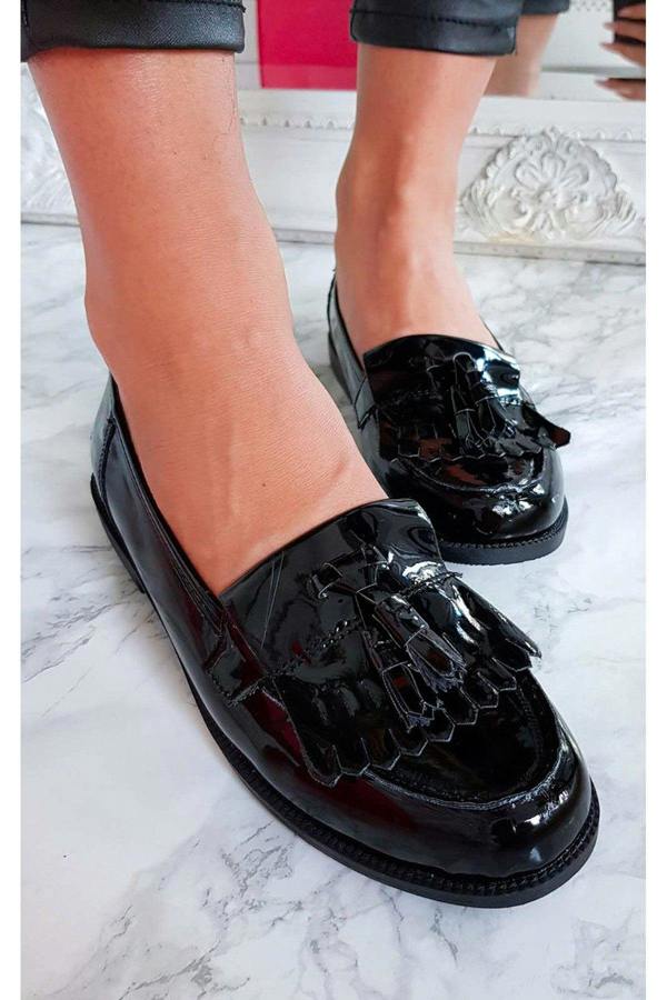 Liana Patent Tassel Brogue Flats - BLACK