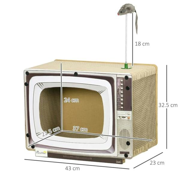 TV-shaped cat scratching board with front window and hanging toy rat, size dimensions