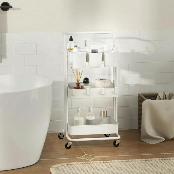 White rolling cart with handle, three tiers, wheels, and hanging cup holders