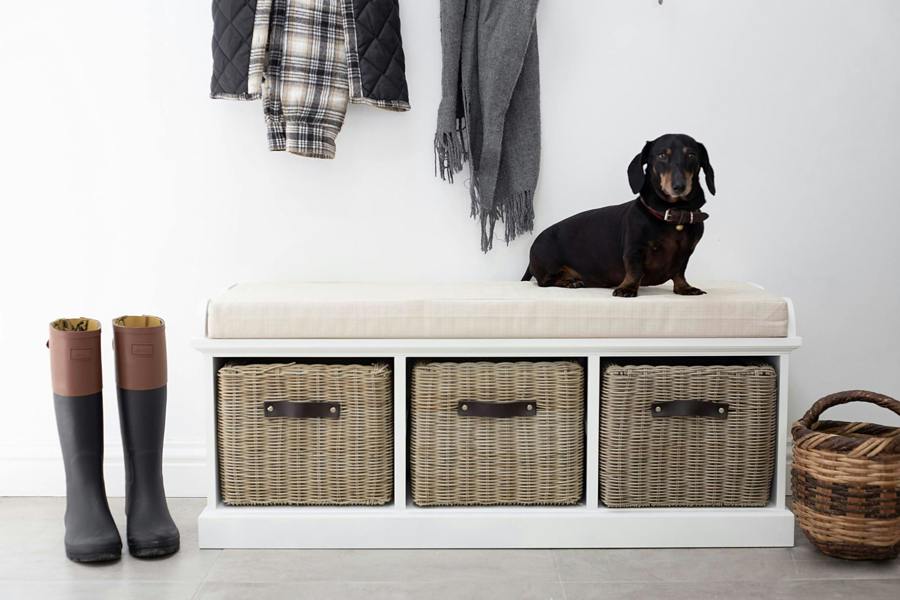 Tetbury Bench with 3 Brown Rattan Storage Baskets and Cushion Seat