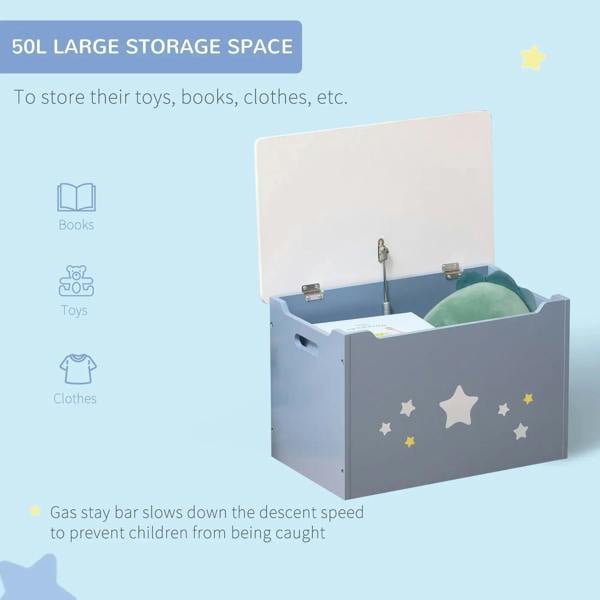 Kids wooden toy box storage chest, blue with hinged lid for toy storage