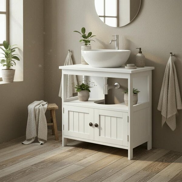 Wyld Haus Dalaco White Pedestal Sink Storage Cabinet With Double Doors And Internal Shelving