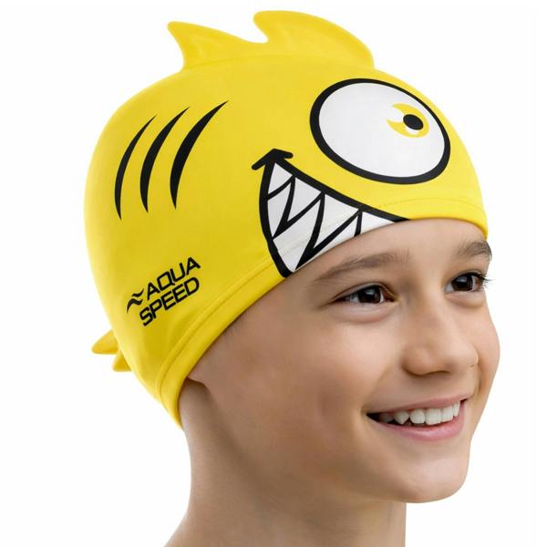 Aqua Speed Boys Girls Piranha Patterned Swimming Cap | Silicone 3D Print Easy Fit Swim Cap