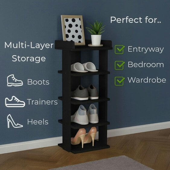 Neo Black Multi-Layer Wooden Shoe Rack Durable Storage Organiser Boots Sneakers Heels Space Saving Entryway Shelf