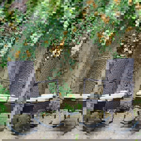 Furniture One 3-Piece Outdoor Rattan Bistro Set, 2 Seater Patio Rocking Chairs with Glass Top Coffee Table