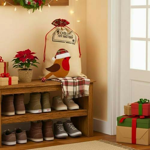 5cm Robin Christmas Hessian Santa Sack with Printed Festive Pattern, Reusable Gift Storage Bag image 3