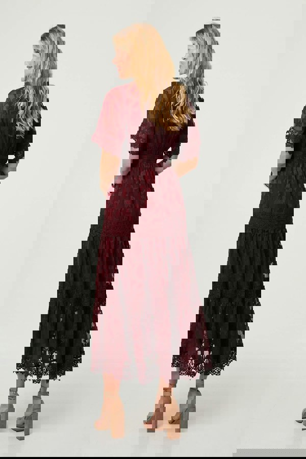 Red | Floral Lace Frill 1/2 Sleeve Midi Dress
