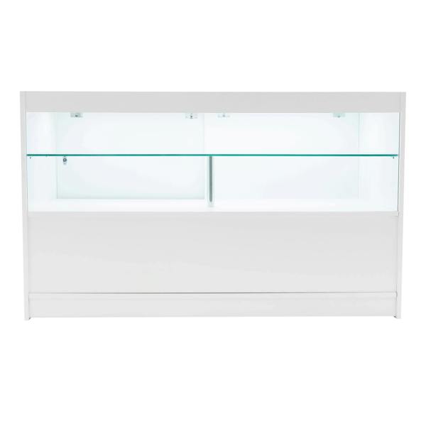 White Selene LED shop counter set with two glass display shelves, featuring a sleek design and modern finish, ideal for retail spaces