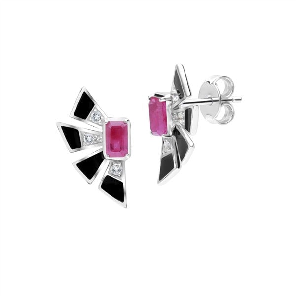 270E035101925 Grand Deco Ruby & White Topaz Fan Earrings In Sterling Silver 1