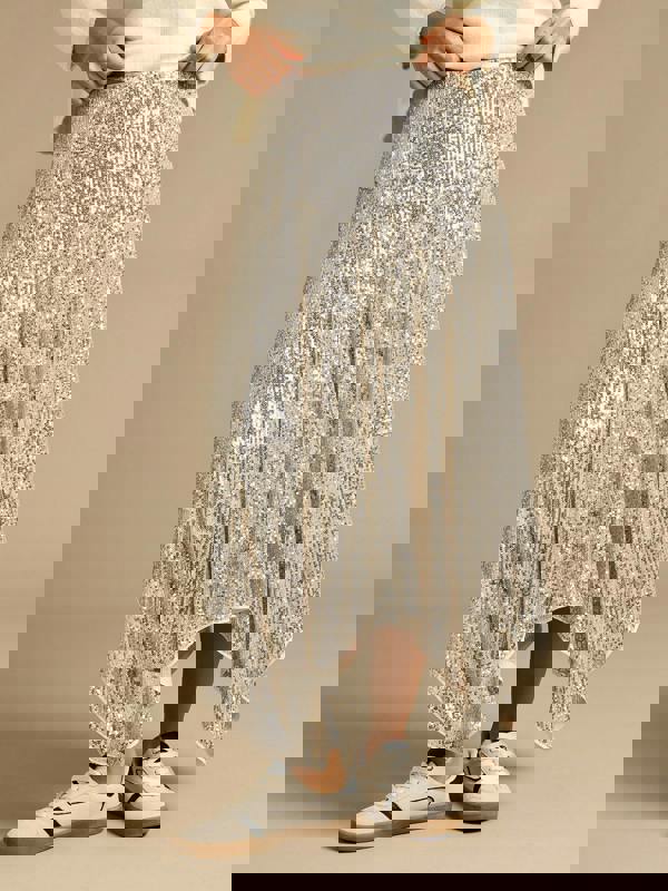 GWD Jenna Silver Sequin Hanky Hem Skirt
