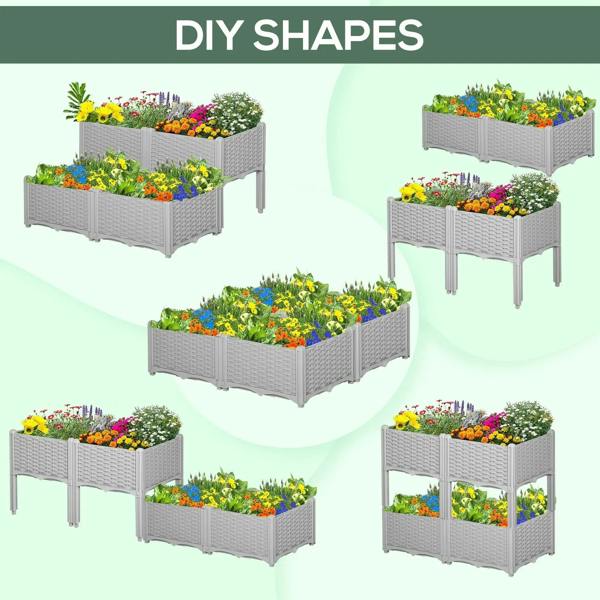 Grey modular raised garden planter boxes in different corner shapes for arranging beds