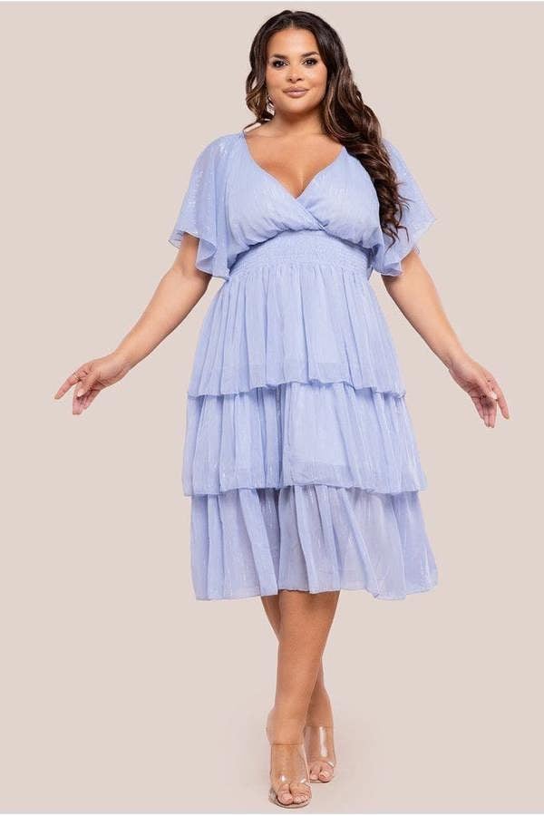 Plain Lurex Chiffon Tiered Midi Dress - Light Blue DR3905P