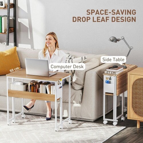 Wyld Haus Zika 80cm Wooden Natural Drop Leaf Writing Desk with Lockable Wheels