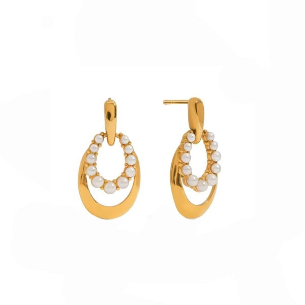 Gold hoop earrings with pearl-like stones on a white background
