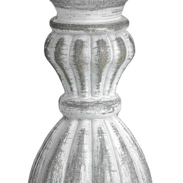 Wyld Haus Milan Distressed Grey Farmhouse Carved Wooden Table Lamp with Cream Linen Shade