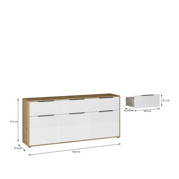 Furniture To Go Orkney 3 Drawer Sideboard with 3 Doors in Mauvella Oak and White Gloss