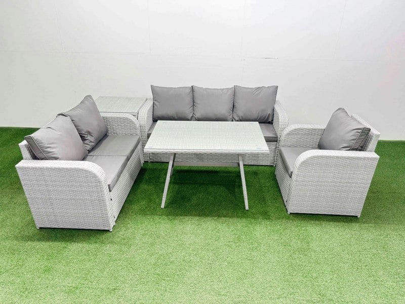 Fimous Rattan High Back Lounge Sofa Set Patio Dining Table & Chairs Set with 3 Seater Sofa Reclining Chair Side Table Light Grey