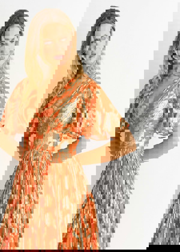 Gini London Orange Metallic Jacquard Flutter Sleeves Floral Maxi Dress
