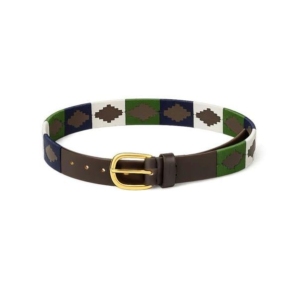 Rydale Askwith Polo Belt in brown, green and white with smooth leather ends and brass effect buckle