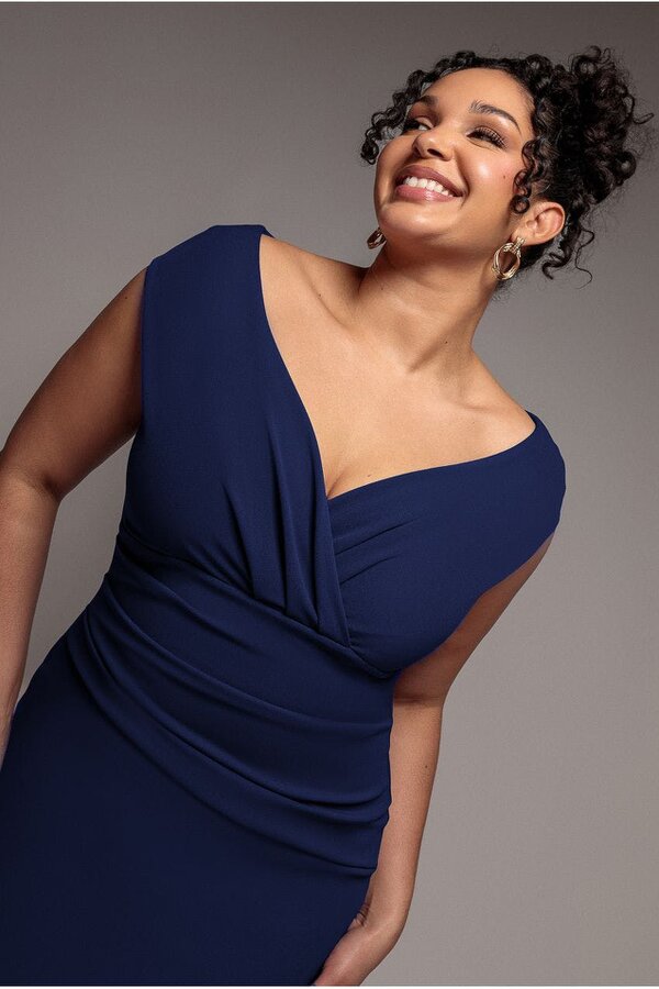 Goddiva Plus Scuba Bardot Pleated Midi Dress - Navy by Goddiva Plus