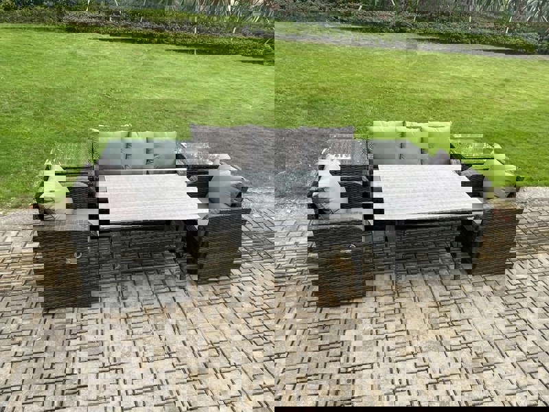 Fimous Wicker PE Rattan Garden Furniture Set Outdoor Rectangular Dining Table and Chair Sofa Set With 2 PC Side Table Dark Grey Mixed