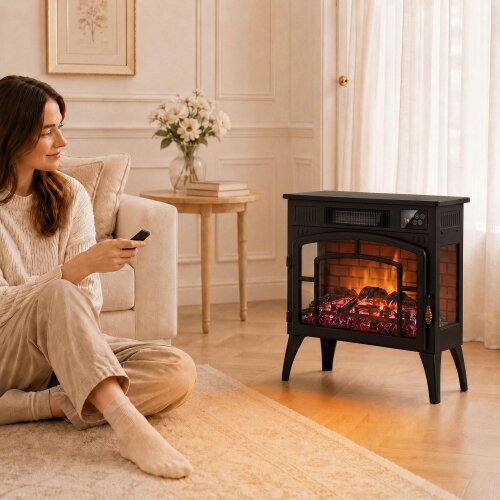HOMCOM Smart Electric Fireplace Stove with 5-Colour Flame, Black