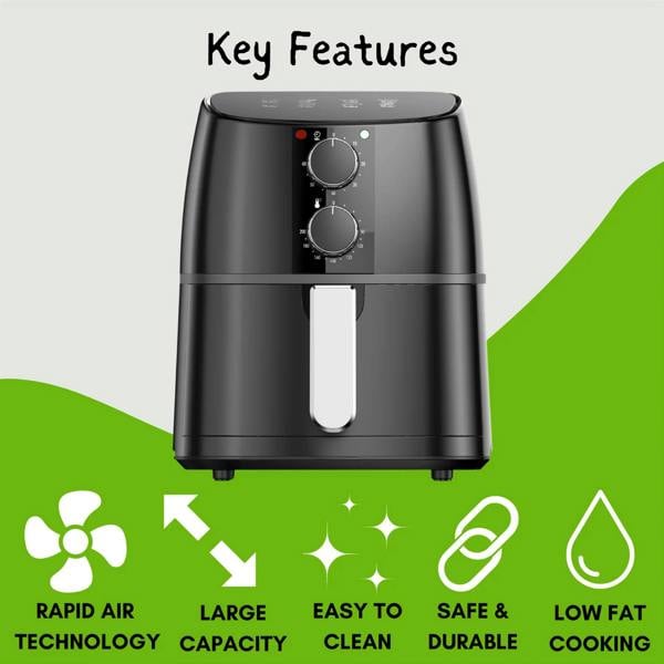 Dragodirect 4L Air Fryer With Recipe Book, Timer & Temperature Control Black