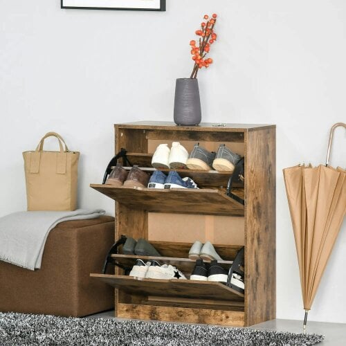 Bobobiy Industrial Shoe Cabinet with 2 Flip Drawers, Narrow Shoe Storage Cabinet for 12 Pairs, Rustic Brown