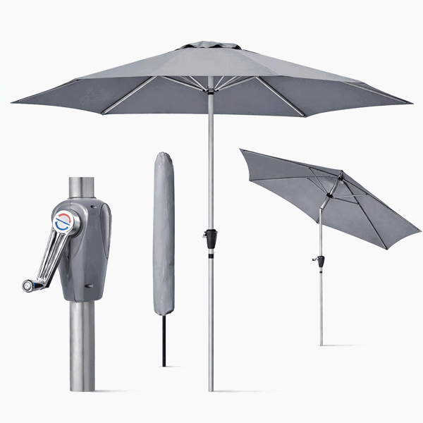 GlamHaus Tilting Garden Parasol Table Umbrella 2.7M with Crank Handle, UV40 Protection, Free Protection Cover - Light Grey