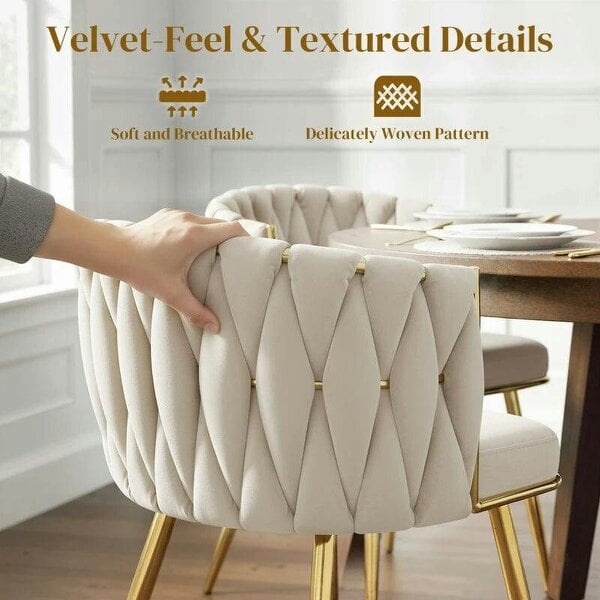 Bobobiy Velvet-Feel Dining Chairs Set of 2, Modern Upholstered Armchair with Knot Design and Golden Metal Legs, Accent Chair, Cream