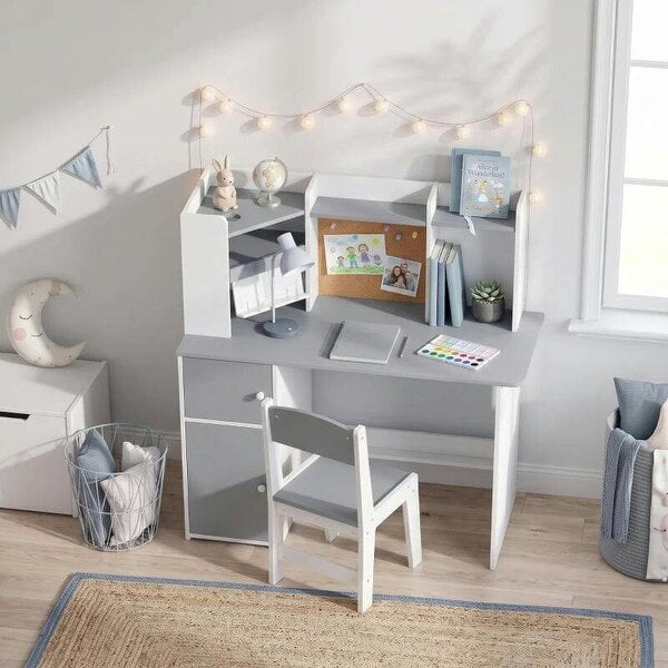 Kids Desk and Chair Set Storage Shelves Kids Desk Adjustable Tablet Stand Cork Board Pen Holder Grey