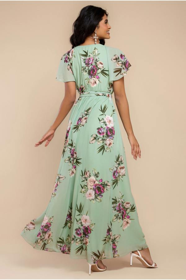 Sustainable Printed Flutter Sleeve Maxi Dress - Duck Egg DR1582BBS